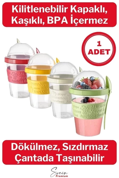 Pratik Taşınabilir Kaşıklı Atıştırmalık Yemek Yoğurt Müsli Granola Diyet Kabı 600ml 1 Adet