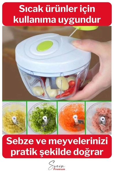 Premium Manuel 3 Bıçaklı Ipli Çekmeli Paslanmaz El Rondosu Kolay Hızlı Meyve Sebze Soğan Doğrayıcı - 3