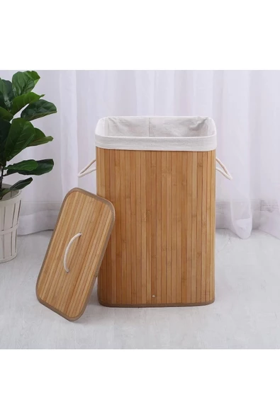 Kapaklı El Yapımı Dekoratif Modern Doğal Ahşap Bambu Banyo Kirli Çamaşır Sepeti 40 X 30 X 60 Cm - 4