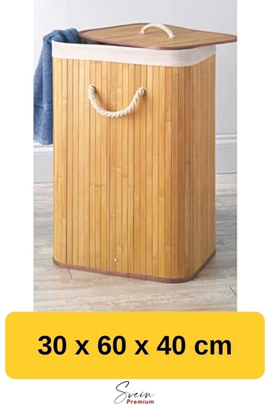 Kapaklı El Yapımı Dekoratif Modern Doğal Ahşap Bambu Banyo Kirli Çamaşır Sepeti 40 X 30 X 60 Cm - 2
