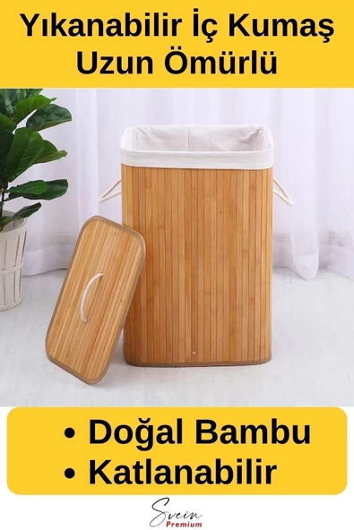 Kapaklı El Yapımı Dekoratif Modern Doğal Ahşap Bambu Banyo Kirli Çamaşır Sepeti 40 X 30 X 60 Cm