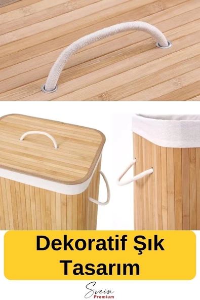 Kapaklı El Yapımı Dekoratif Modern Doğal Ahşap Bambu Banyo Kirli Çamaşır Sepeti 40 X 30 X 60 Cm - 3