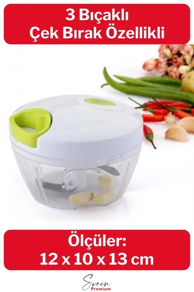 Premium Manuel 3 Bıçaklı Ipli Çekmeli Paslanmaz El Rondosu Kolay Hızlı Meyve Sebze Soğan Doğrayıcı - 5