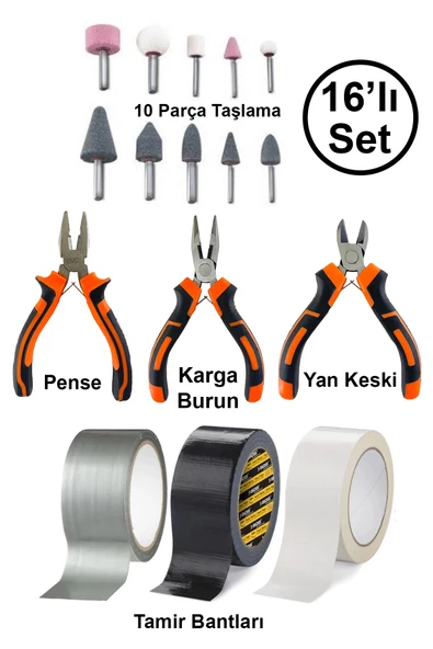 Mini Hobi Karga Burun Yan Keski Pense 10'lu Taşlama Uç Çok Amaçlı Siyah Beyaz Gri Tamir Bandı Seti