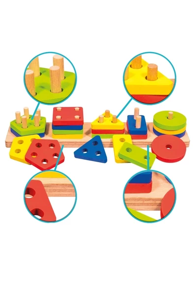 Eğitici Ahşap Geometrik Şekiller Geçirmeli Bultak Yerleştirme Oyunu 5'li Puzzle Zeka Geliştirme - 2