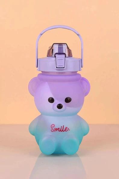 Pipetli Kapaklı Sevimli Ayıcık Suluk Matara Smile Sızdırmaz Dayanıklı Bpa İçermez Okul Çocuk Matara - 4