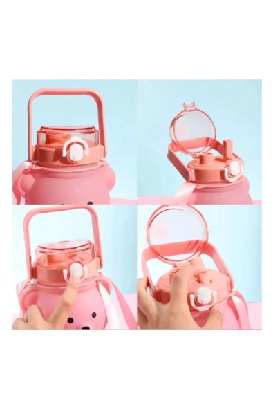Pipetli Kapaklı Sevimli Ayıcık Suluk Matara Smile Sızdırmaz Dayanıklı Bpa İçermez Okul Çocuk Matara - 2