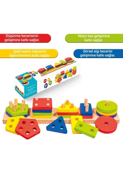 Eğitici Ahşap Geometrik Şekiller Geçirmeli Bultak Yerleştirme Oyunu 5'li Puzzle Zeka Geliştirme - 3