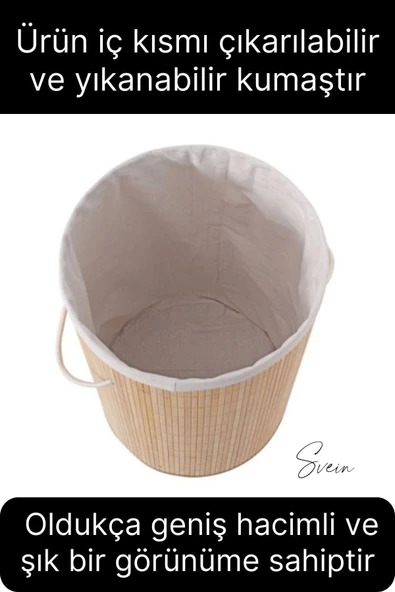 Premium Yuvarlak Bambu Kirli Çamaşır Sepeti Dekoratif Katlanabilir Yıkanabilir Geniş Hacim Hazneli - 2