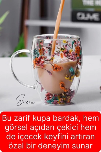 Premium Kurutulmuş Çiçekli Şık Çift Katman Cam Kupa Bardak Hediyelik Kulplu Fincan 250 ml - 4