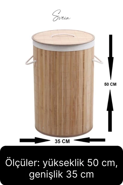 Premium Yuvarlak Bambu Kirli Çamaşır Sepeti Dekoratif Katlanabilir Yıkanabilir Geniş Hacim Hazneli - 5