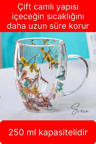 Premium Kurutulmuş Çiçekli Şık Çift Katman Cam Kupa Bardak Hediyelik Kulplu Fincan 250 ml - 3