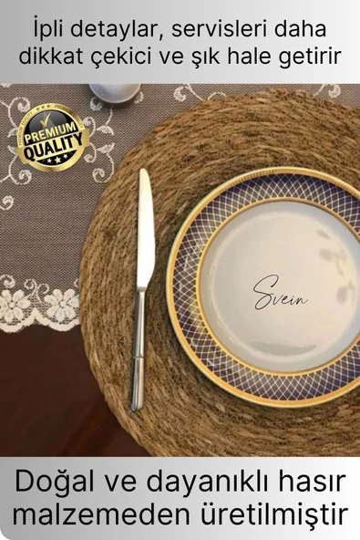 12li Premium Yuvarlak Hasır Bambu Amerikan Servis Örme Supla Sofra Yemek Masası Yanmaz Tabak Altlığı - 2