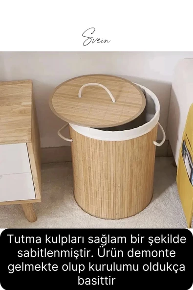 Premium Yuvarlak Bambu Kirli Çamaşır Sepeti Dekoratif Katlanabilir Yıkanabilir Geniş Hacim Hazneli - 4