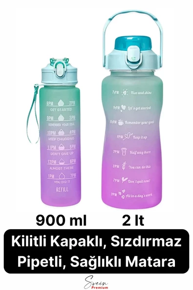 2'li Pipetli Sızdırmaz Bpa free Motivasyon Sporcu Suluk Matara Günlük Su Şişesi 2 lt 900 ml