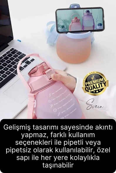 Askılı 1.3 Lt Pipetli Kilitli Sızdırmaz Kapak Tutacaklı Çift Renk Motivasyon Suluk Matara Kamp Okul - 3