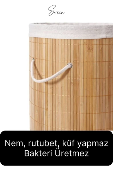 Premium Yuvarlak Bambu Kirli Çamaşır Sepeti Dekoratif Katlanabilir Yıkanabilir Geniş Hacim Hazneli - 3