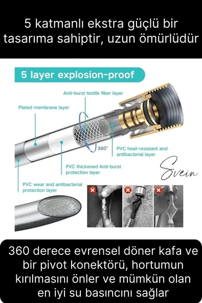 Premium Duş Seti 5 Fonksiyonlu Tasarruflu Başlık Esnek Kırılmaz Çatlamaz Paslanmaz Sızdırmaz Hortum - 4