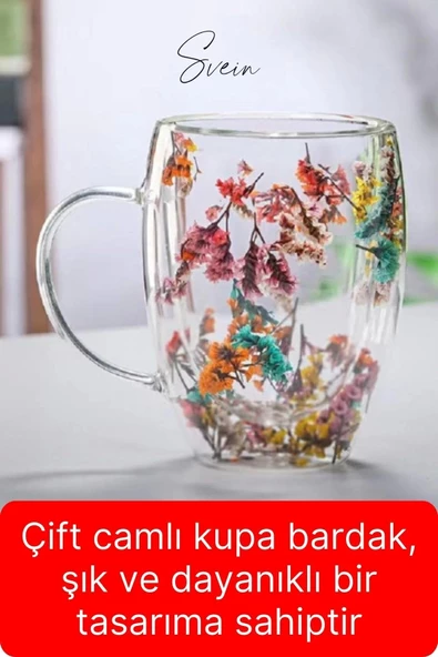 Premium Kurutulmuş Çiçekli Şık Çift Katman Cam Kupa Bardak Hediyelik Kulplu Fincan 250 ml - 5
