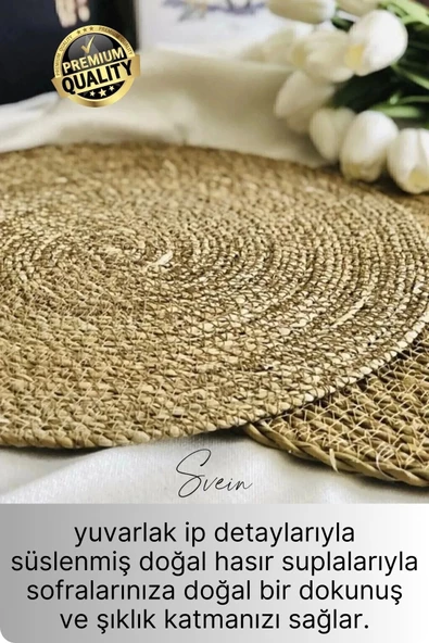 4'lü Premium Yuvarlak Hasır Bambu Amerikan Servis Örme Supla Sofra Yemek Masası Yanmaz Tabak Altlığı - 5