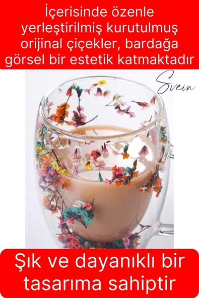 Premium Kurutulmuş Çiçekli Şık Çift Katman Cam Kupa Bardak Hediyelik Kulplu Fincan 250 ml - 2