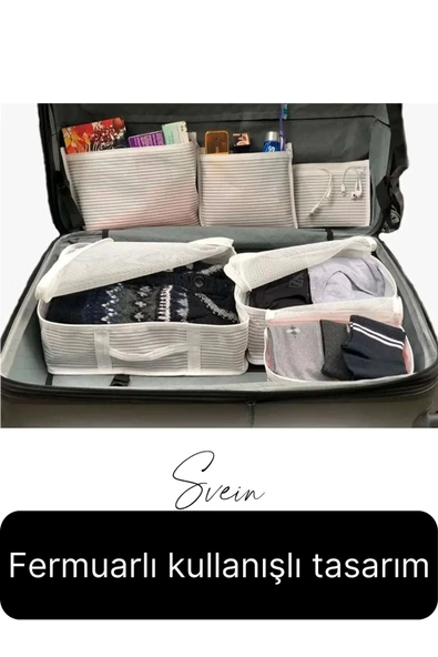 6'lı Valiz Bavul Düzenleyici Seyahat Çantası Organizer Hurç Set Fermuarlı Gri Çizgi Fileli - 3