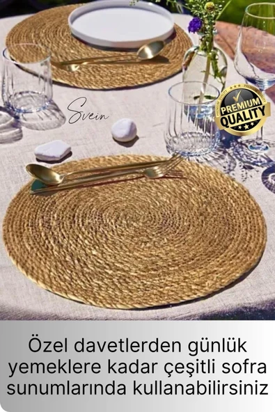4'lü Premium Yuvarlak Hasır Bambu Amerikan Servis Örme Supla Sofra Yemek Masası Yanmaz Tabak Altlığı - 3