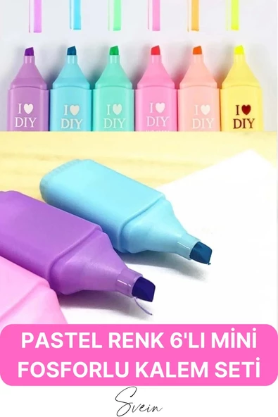 6'lı Mini Pastel Renkli Düz Fosforlu İşaretleme Kalemi Öğrenci Sevimli Kılıflı Okul Çocuk Boya Seti