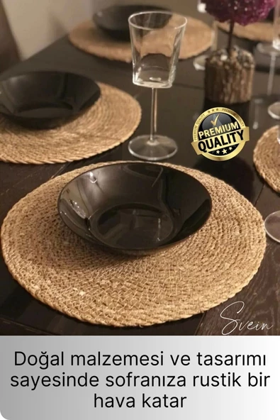 24lü Premium Yuvarlak Hasır Bambu Amerikan Servis Örme Supla Sofra Yemek Masası Yanmaz Tabak Altlığı - 4