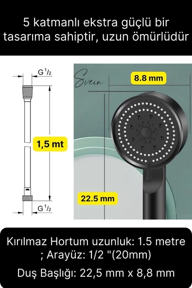 Premium Duş Seti 5 Fonksiyonlu Tasarruflu Başlık Esnek Kırılmaz Çatlamaz Paslanmaz Sızdırmaz Hortum - 5