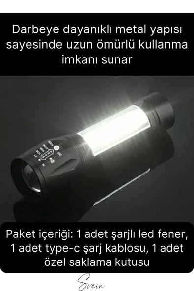 3 Modlu Güçlü Usb Type-C Şarjlı Mini Su Geçirmez Metal Taşınabilir Kutulu Kamp Işık Led El Feneri - 6
