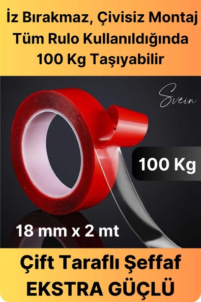 100 Kg Şeffaf Çift Taraflı Çok Amaçlı Güçlü Tamir Silikon Bant Dış Mekan Akrilik Bandı 18 mm-2 mt