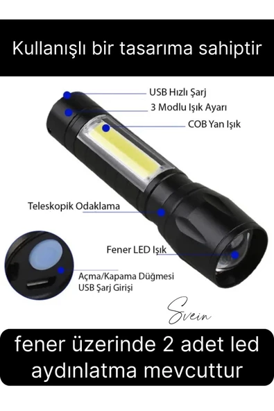 3 Modlu Güçlü Usb Type-C Şarjlı Mini Su Geçirmez Metal Taşınabilir Kutulu Kamp Işık Led El Feneri - 3