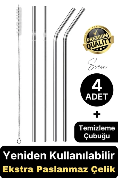 4 Adet Paslanmaz Çelik Pipet Yeniden Kullanılabilir Metal Temizleme Fırçası Meşrubat İçecek