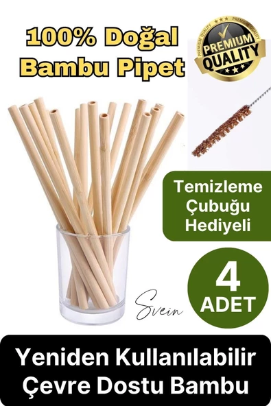 Özel Üretim Bambu 4 Adet Doğal Sağlıklı Yeniden Kullanılabilir Yıkanabilir Çevre Dostu Pipet Kamış