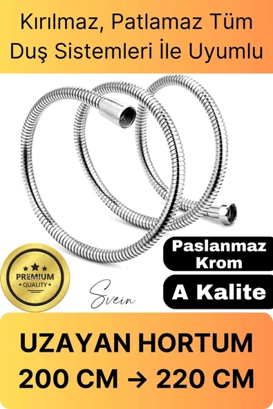 Lüks Paslanmaz Krom Kırılmaz Çatlamaz Tüm Duş Sistemleriyle Uyumlu Uzayan Spiral Hortum Örgü 2,2 mt