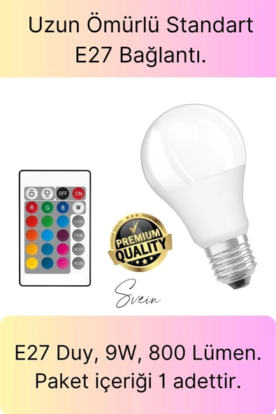 Premium RGB Uzaktan Kumandalı Çok Renkli Led Ampul E27 800lm 9w Gün Işığı 16 Renk Tasarruflu Işık - 5