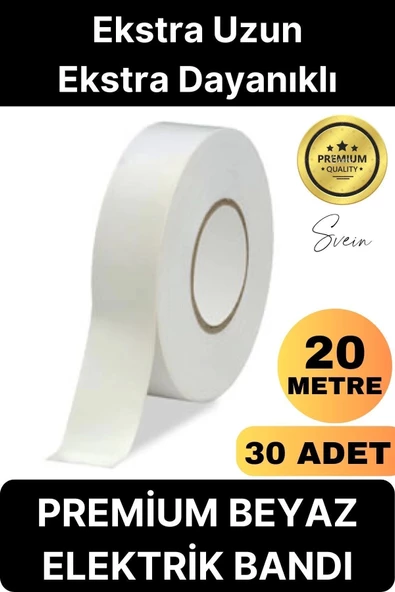 30 Ad. Premium Kalite 20 Mt Kablo Yalıtım PVC Elektrik Bandı Dayanıklı Sızdırmaz Koruma Bant Beyaz