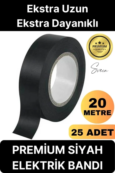 25 Ad. Premium Kalite 20 Mt Yalıtım İzole PVC Elektrik Bandı Su Geçirmez Sızdırmaz Koruma Bant Siyah - 1
