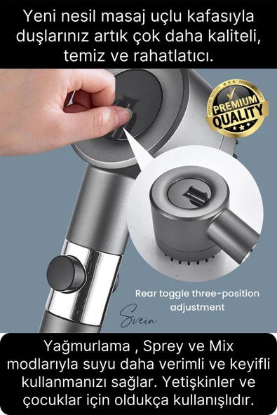 Premium Masajlı Filtreli Çok Fonksiyonlu Aç Kapa Terapi El Tepe Duş Başlığı Ayarlanabilir Handshower - 2