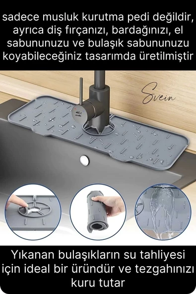 Mutfak Banyo Lavabo Silikon Musluk Arkası Mat Su Tutucu Koruyucu Tezgah Üstü Bulaşık Kurutma Pedi - Resim 2