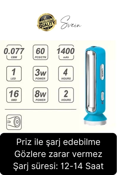 Premium Şarjlı 16 SMD Ledli 2 Kademeli Işıldak El Feneri Yüksek Aydınlatma Fonksiyonel Kamp Piknik - 3