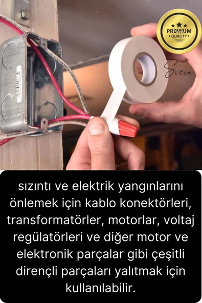 10 Ad. Premium Kalite 20 Mt Kablo Yalıtım PVC Elektrik Bandı Dayanıklı Sızdırmaz Koruma Bant Beyaz - 5