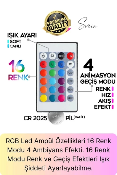 Premium RGB Uzaktan Kumandalı Çok Renkli Led Ampul E27 800lm 9w Gün Işığı 16 Renk Tasarruflu Işık - 3