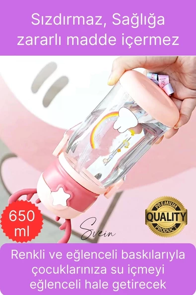Özel Geyikli Tasarım Pipetli Sızdırmaz Kapaklı Gıdaya Uygun Çocuk Su Matarası Askılı Suluk 650 ml - 2