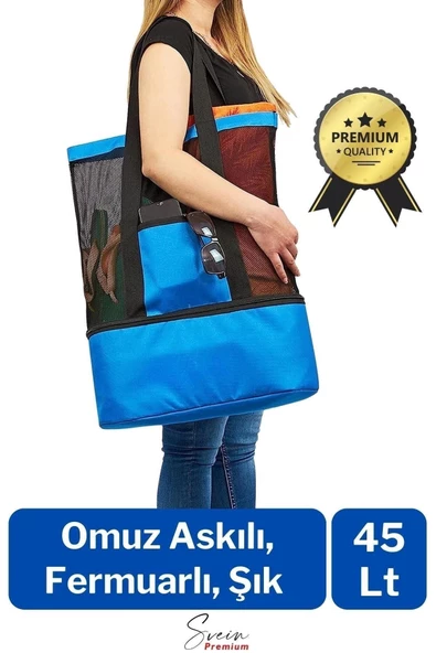 Sıcak Soğuk Tutucu Buzluklu Termos Bölmeli Fileli Omuz Askılı Fermuarlı Şık Plaj Kamp Piknik Çantası - 2