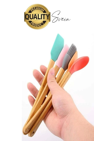 Mini Spatula Kaşık Fırça Setleri Yapışmaz Silikon Tencere Ahşap Saplı Renkli Pişirme Mutfak Araçları - 3