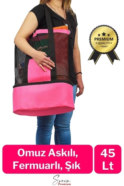 Sıcak Soğuk Tutucu Buzluklu Termos Bölmeli Fileli Omuz Askılı Fermuarlı Şık Plaj Kamp Piknik Çantası - 2