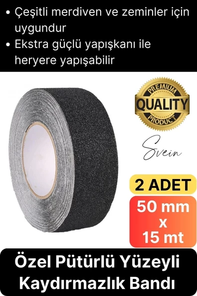 Premium 2 Adet 50mm x 15mt Siyah Kaydırmaz Bant Yapışkanlı Merdiven Basamak Zemin Güçlü Tutunabilen