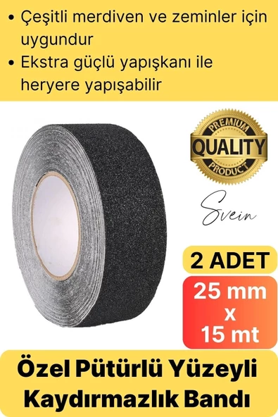 Premium 2 Adet 25mm x 15mt Siyah Kaydırmaz Bant Yapışkanlı Merdiven Basamak Zemin Güçlü Tutunabilen